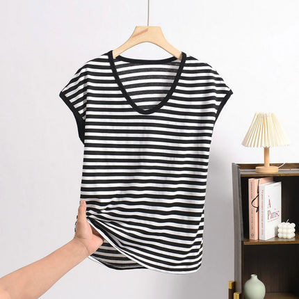 Cross-border Loose plus size Modal Sleeveless Round Neck Striped T-shirt Summer Thin Loose Slimming Casual Base Shirt