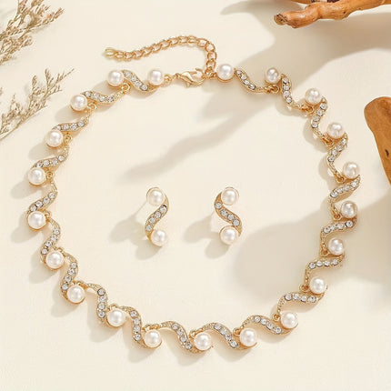 Factory Direct batch cross-border European and American Foreign trade new S-shaped alloy pearl necklace earrings Women's Light luxury niche clavicle chain