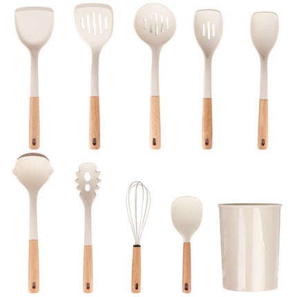Wooden Handle Silicone Kitchen Utensil Set, Non-Stick Pan, Silicone Spatula, Soup Spoon, High Temperature Resistant Silicone Cooking Spatula, Daily Kitchen Utensils