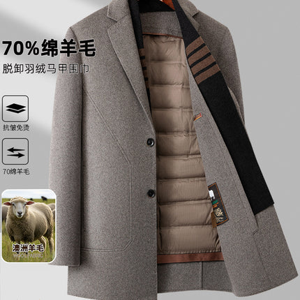 Men's Wool Coat Autumn and Winter Mid-Length Business Casual Removable Down Liner Middle-Aged and Elderly Woolen Coat