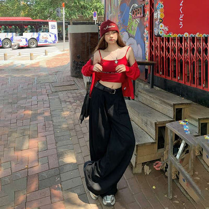 Wholesale Vintage High-Waisted Loose Wide-Leg Pants with Drape, Floor-Length, Pleated, Versatile, Slimming Straight-Leg Jeans for Women