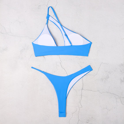 2023 One-Shoulder Swimsuit Women's Bikini Two-Piece Swimsuit Solid Color Split-Style Women's Wireless Split-Style Sporty Model