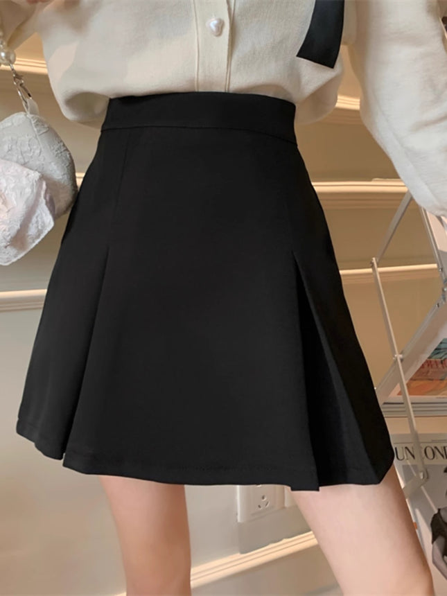 Small A- shape Pleated Skirt Women's Spring 2024 New College-style Anti-gloss High Waist Black Short Skirt