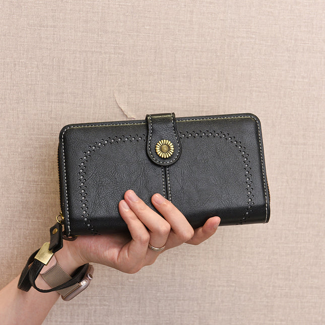 Foreign Trade New Fashion Women's Coin Purse Oil Wax Leather Handbag Long Zipper Mobile Phone Card Holder Short Coin