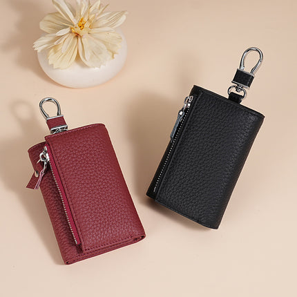 Genuine Leather Key Bag Protective Cow Leather Case Women's Wallet Folding Key Bag Zipper Coin Bulk Wallet Anti-Magnetic Card Holder