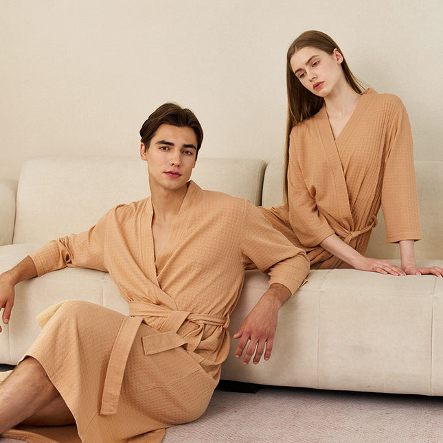 Summer Thin Water Absorbent Waffe Bathrobe Women's Summer Mid-length Simple Sexy Nightgown Men's Breathable Bath Towel Pajamas