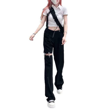 In-Stock 2025 New Dark Style Spicy Girl Workwear Rivet Hollow Casual Straight Loose Slimming Wide-Leg Pants