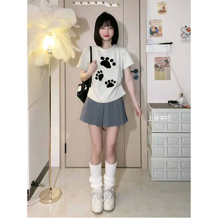Flocked Cartoon Cat Paw Short-Sleeve T-Shirt for Petite Women, Sweet Girl Style, Height-Enhancing, Slim-Fit, Regular Shoulder, 2026 Summer New Model
