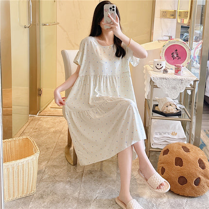 Cotton Silk Nightgown for Women, Summer Thin Short-Sleeved Printed Large Size Nightgown, Pregnant Women Can Wear It Outside, Cool Rayon Home Clothes