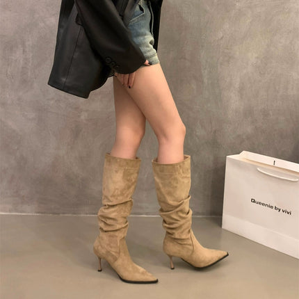 High-Heeled Pointed-Toe Khaki Suede Stacked Long Boots Women's Shoes 2025 Spring and Autumn Single Boots Slim Long Tube Riding Boots