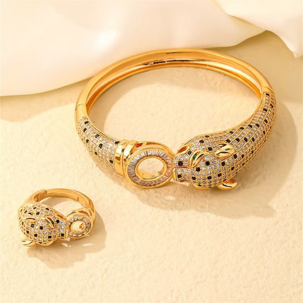 Europe and the United States cross-border new niche luxury micro inlaid zircon full diamond gold plated leopard head buckle bracelet ring suit