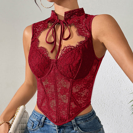 2025 Summer European and American Ins Sexy Sexy Tops Women's Fishbone Bra Lace Cut Out Lace-Up Sleeveless Slim Vest