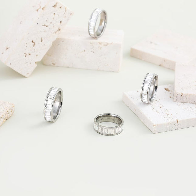 Cross-border plain ring stainless steel ring rectangular zircon ring titanium steel diamond lovers ring jewelry wholesale