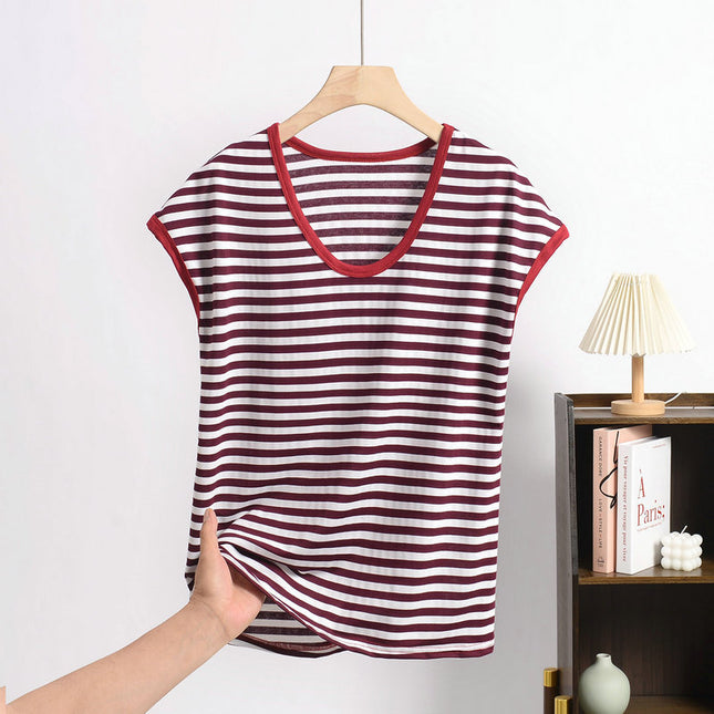 Cross-border Loose plus size Modal Sleeveless Round Neck Striped T-shirt Summer Thin Loose Slimming Casual Base Shirt