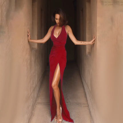 Aliexpress Cross-Border Hot-Selling Women's Clothing Halterneck Backless V-Neck Slit Elegant High-End Dress Slim Dress for Women