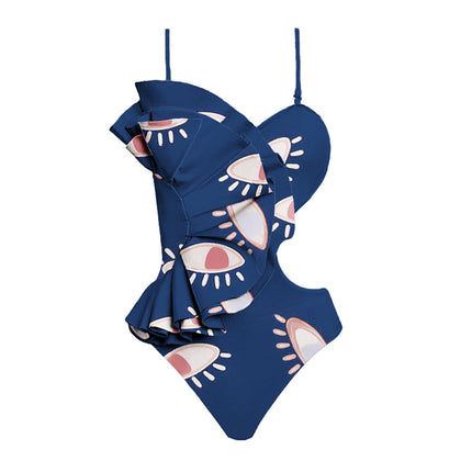 2024 European and American Swimwear New Ruffle Hollow Devil's Eye Swimsuit Women's 2501