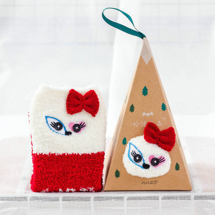 Coral Fleece Japanese-Style Christmas Socks with Embroidered 3D Cartoon Design, Boxed Floor Socks, Half Fleece Socks for Women