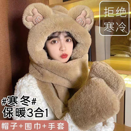 Winter Warm Plush Bear Hat, Scarf, Gloves, Hat, One-Piece Fleece-Lined and Thickeneded Three-Piece Set, Cute and Versatile Scarf