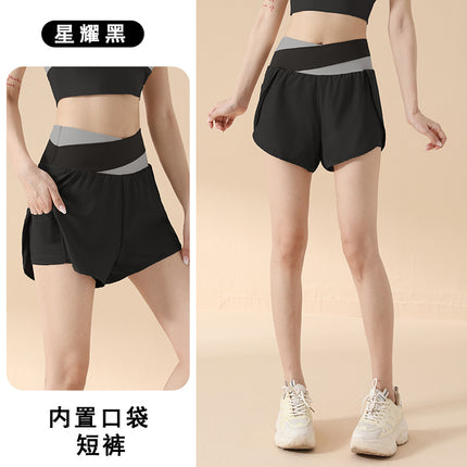 2026 Fake Two-Piece High-Waisted Hip-Lifting Sports Shorts for Women, Anti-Exposure Side Pockets, Loose Fit for Running, Fitness, and Yoga