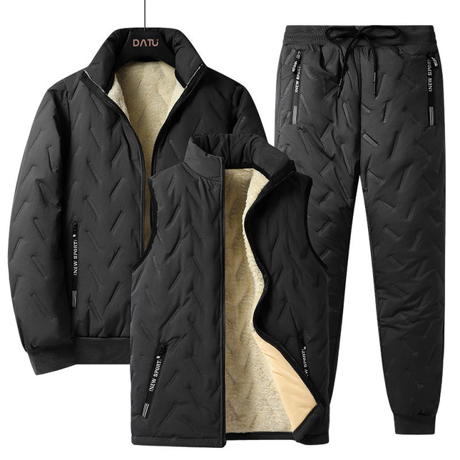 On behalf of the hair fleece-lined warm three-piece set suit winter lamb velvet cotton-padded coat cold-proof vest casual trousers men