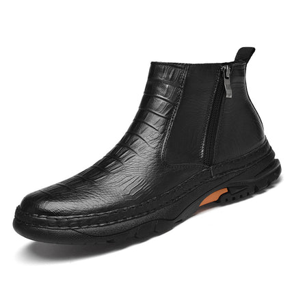 Men's Shoe Top Layer Cowhide Short Boots Business Leather Boots Outdoor Casual Autumn and Winter High Top Zipper Set Foot Crocodile Cotton Boots