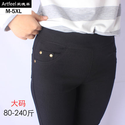 2025 New Cross-Border Plus-Size Stretchy Pocket Black Cropped Women's Pants for Plus-Size Women 100kg Skinny Leggings Wholesale