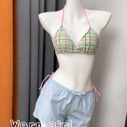 Source Manufacturer Island Vacation Dopamine Green Bikini Three-Point Strap Small Breast Sweet Sexy Swimsuit Fresh