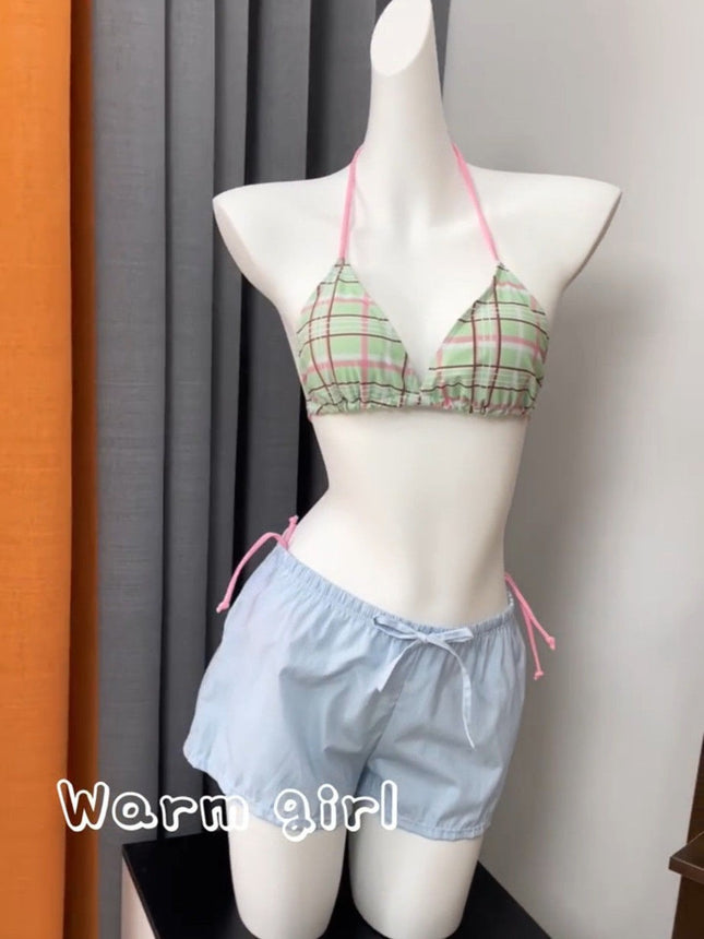 Source Manufacturer Island Vacation Dopamine Green Bikini Three-Point Strap Small Breast Sweet Sexy Swimsuit Fresh