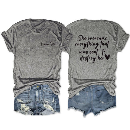 Amazon double-sided printed summer round neck short sleeve she overcame everthing loose all-match T-shirt