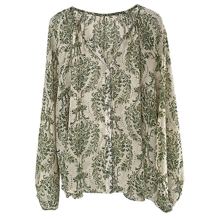 Tao Chuan Niche Color ~ Retro Slimming Green Floral Lantern Sleeve Micro-transparent Sunscreen Shirt Women's 2022 Summer 0867