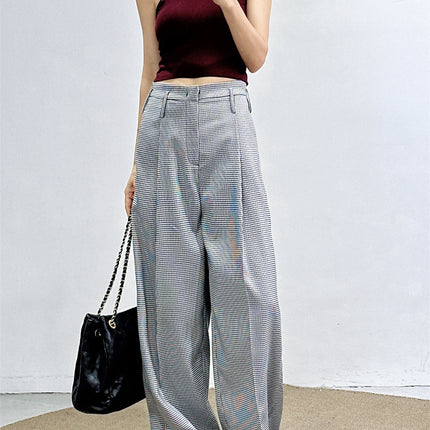 Fan-Favorite: New Spring/Summer Houndstooth Pants for Women, High-Waisted Wide-Leg Pants, Straight Loose Fit, Slimming Suit Pants
