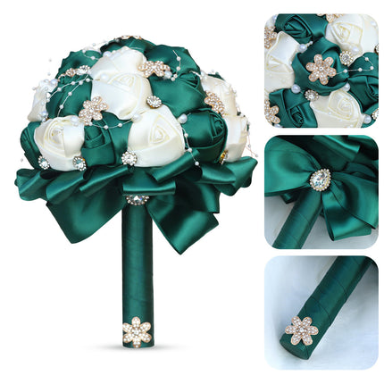 Amazon Supply Dark Green Bride Bridesmaid Simulated Satin Rose Bouquet Church Wedding Supplies Wholesale