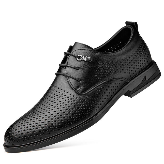 Men's Leather Shoes Summer New Business Casual Dress Shoes Men's Perforated Cowhide Hollow Breathable Black Leather Shoes for Men