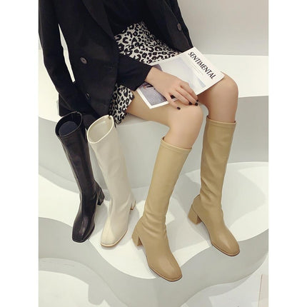 High-Top Knight Boots for Women with Plush Lining, 2025 Autumn and Winter New Style, Petite Knee-High Boots with Chunky Heels and Square Toe, Plus-Size Boots