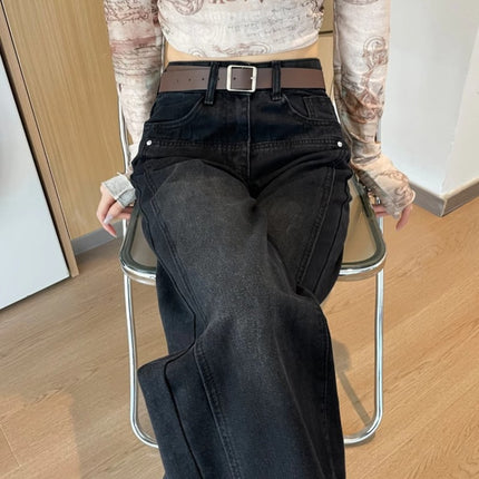Black Grey Wide Leg Jeans Women's Trendy All-match New High Waist Slimming Loose plus size Retro Narrow Straight Leg Pants