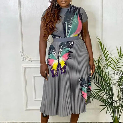 Q067 European and American Women's 2022 New Fashion Printed Top Pleated High Waist Skirt Set Foreign Trade Two-piece Set