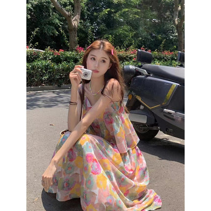 Floral French suit Women's Sling Top Summer New Skirt Elegant Skirt Seaside Vacation Two-piece Set