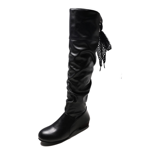 Cross-border foreign trade women's boots autumn and winter Europe and the United States solid color pleated high barrel thick heel round head back lace-up Knight Boots Boots in stock