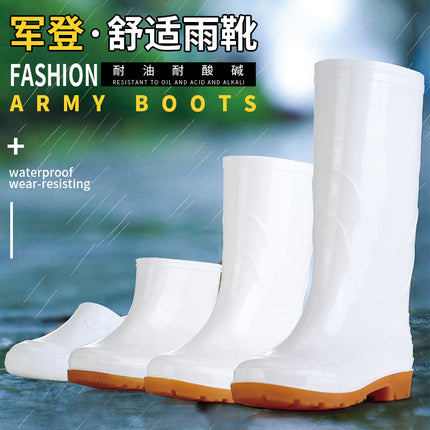 Mid-High White Rubber Shoes, Rain Boots, Military Boots, Water Boots with Logo, Non-Slip Labor Protection Boots, Men's and Women's Food Workshop White Shoes