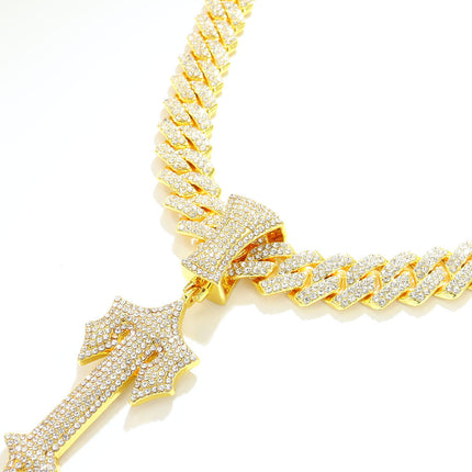Cross-Border Large Sword Pendant Diamond-Studded Letter t Necklace European and American Hip-Hop Style Line Design