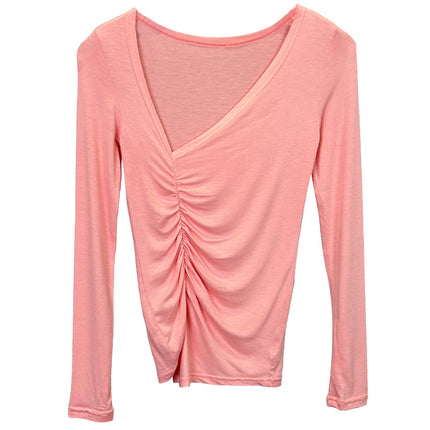 New Products from Dongdaemun, South Korea, Are Skin-Friendly and Show Off Your Figure~Sexy V Neck Pleated Slim Long-Sleeved T-Shirt Ye