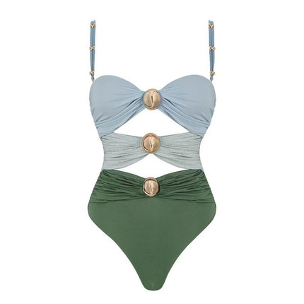 2025 European and American foreign trade new bikini AliExpress skirt swimsuit Amazon solid color stitching one-piece swimsuit women