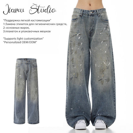 Jiamu Tie-Dye Ac Splash-Ink Jeans American High Street Fashion Brand Retro Washed Distressed Loose Straight Wide Legs