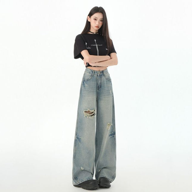 2025 Spring and Summer New American Retro Loose Wide Leg Pants Trendy Cool Straight-Leg Ripped Jeans Women's Jeans
