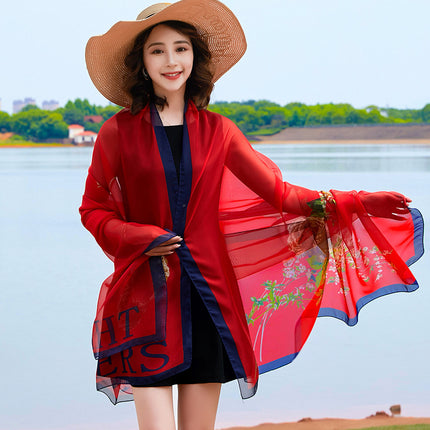 Seaside Sunscreen Silk Scarf Imitation Silk Scarf Spring and Summer Joker High-grade Printed Beach Scarf Silk Scarf Shawl Wholesale