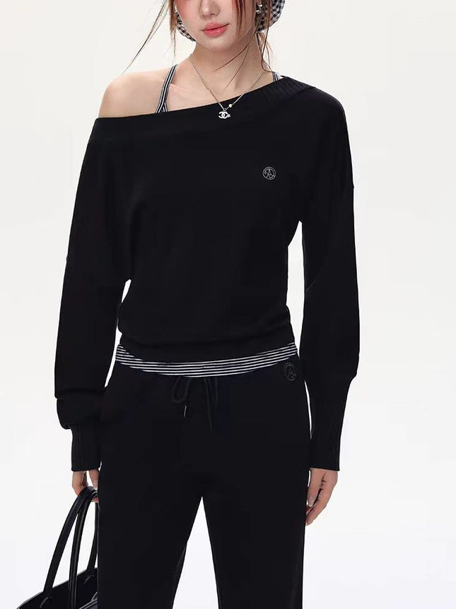 ANDYET Original Slant Shoulder Bat Sleeve Long-sleeved T-shirt Women's Fashion Sweatpants suit Lazy Elegant Two-piece Set