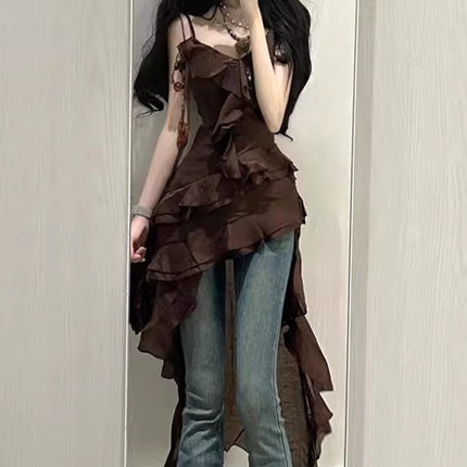 French Irregular Tea Break Sexy Side Suspender Dress for Women Summer Small Lotus Leaf Design Seaside Vacation Long Dress