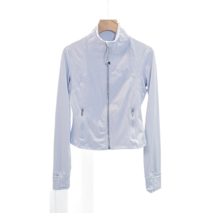 Spring and Summer Yoga Wear Stand Collar Jacket Short Silver Zipper Cardigan Jacket Slim Fit Elastic Slimming Yoga Wear Running