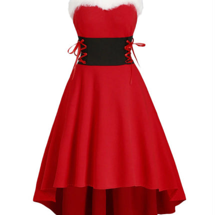 Cross-border foreign trade hot Christmas clothing bunny fur collar off-the-shoulder waist bow sling dress