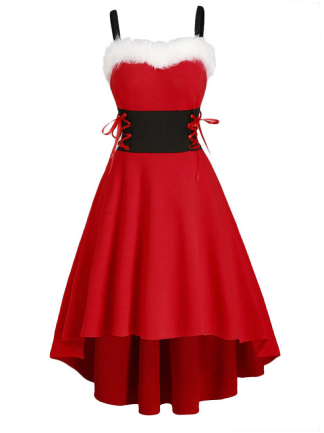 Cross-border foreign trade hot Christmas clothing bunny fur collar off-the-shoulder waist bow sling dress